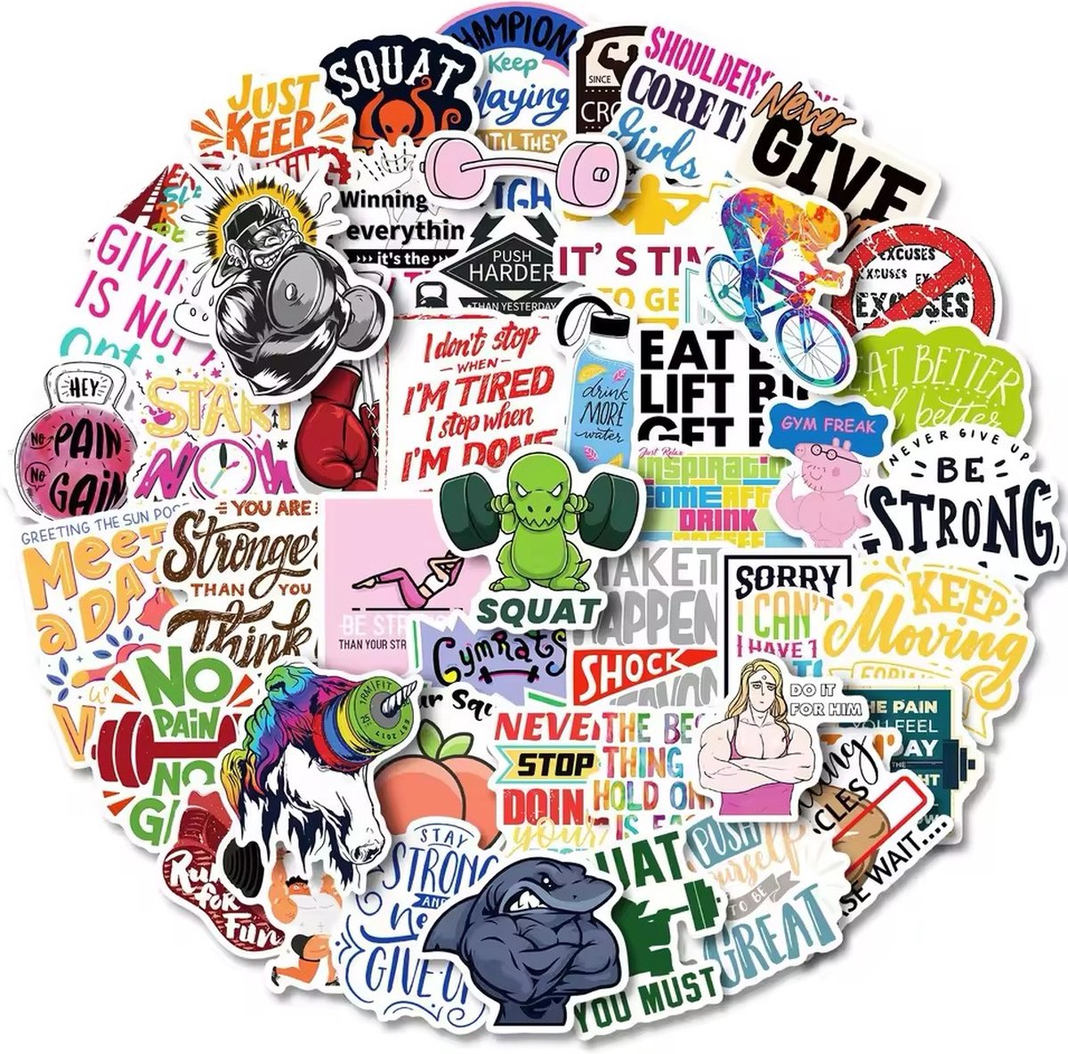 Fitness & Quotes Stickers - Set van 50 Stuks - Gym - Gewichten - Teksten - Stickers voor Laptop, Koffer, Bullet Journal en Planner - Stickers Kinderen en Volwassenen - Decoratieve Stickers - Creatief - Knutselen - Scrapbook